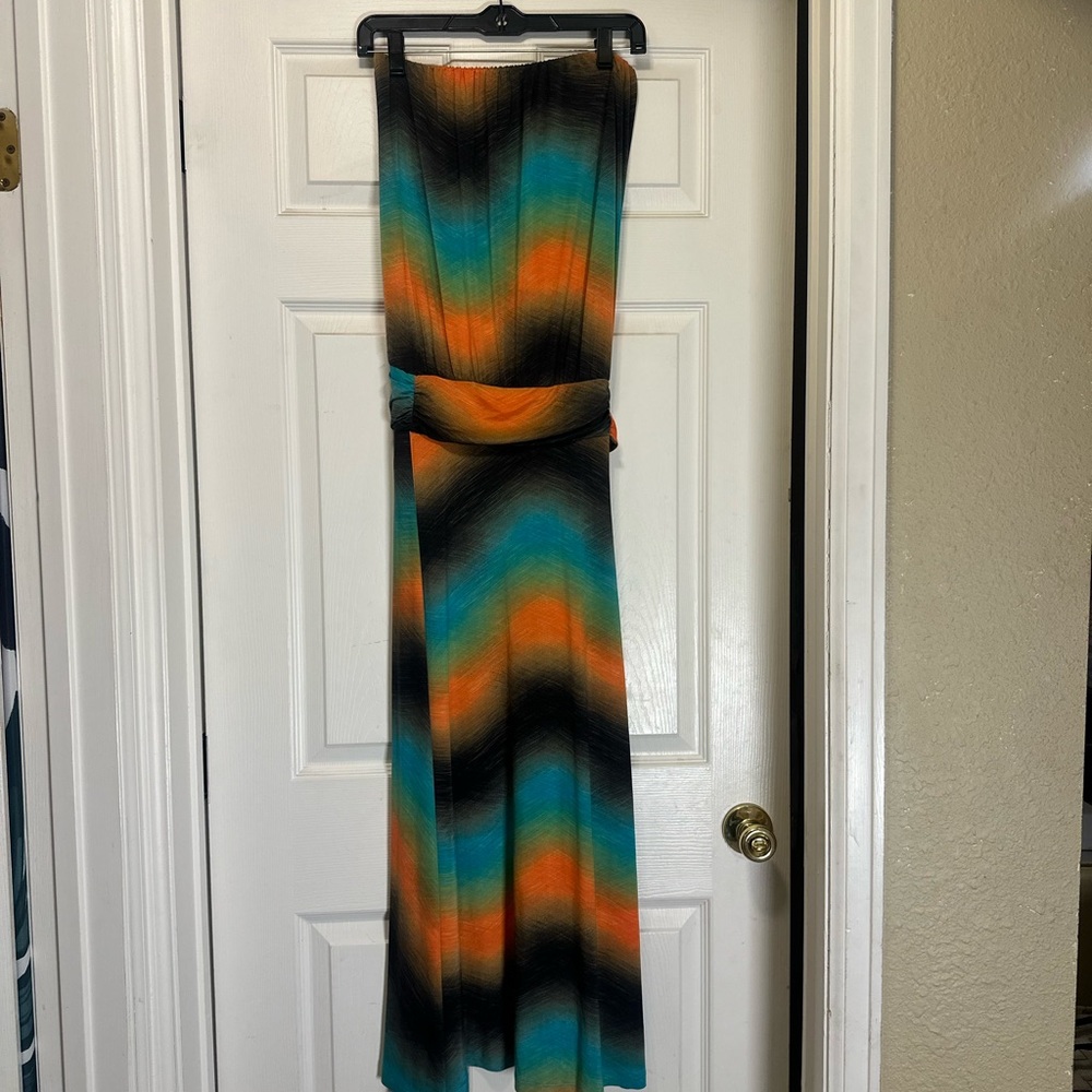 Veronica M Strapless Dress in Orange, Blue, and Black